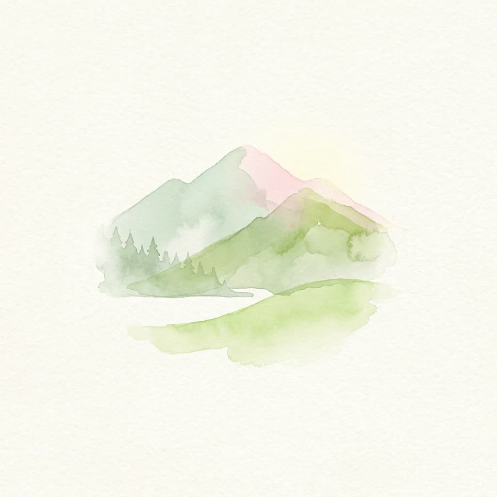 Watercolor illustration of a mountain range with green and pink tones, featuring forested slopes and a light background.