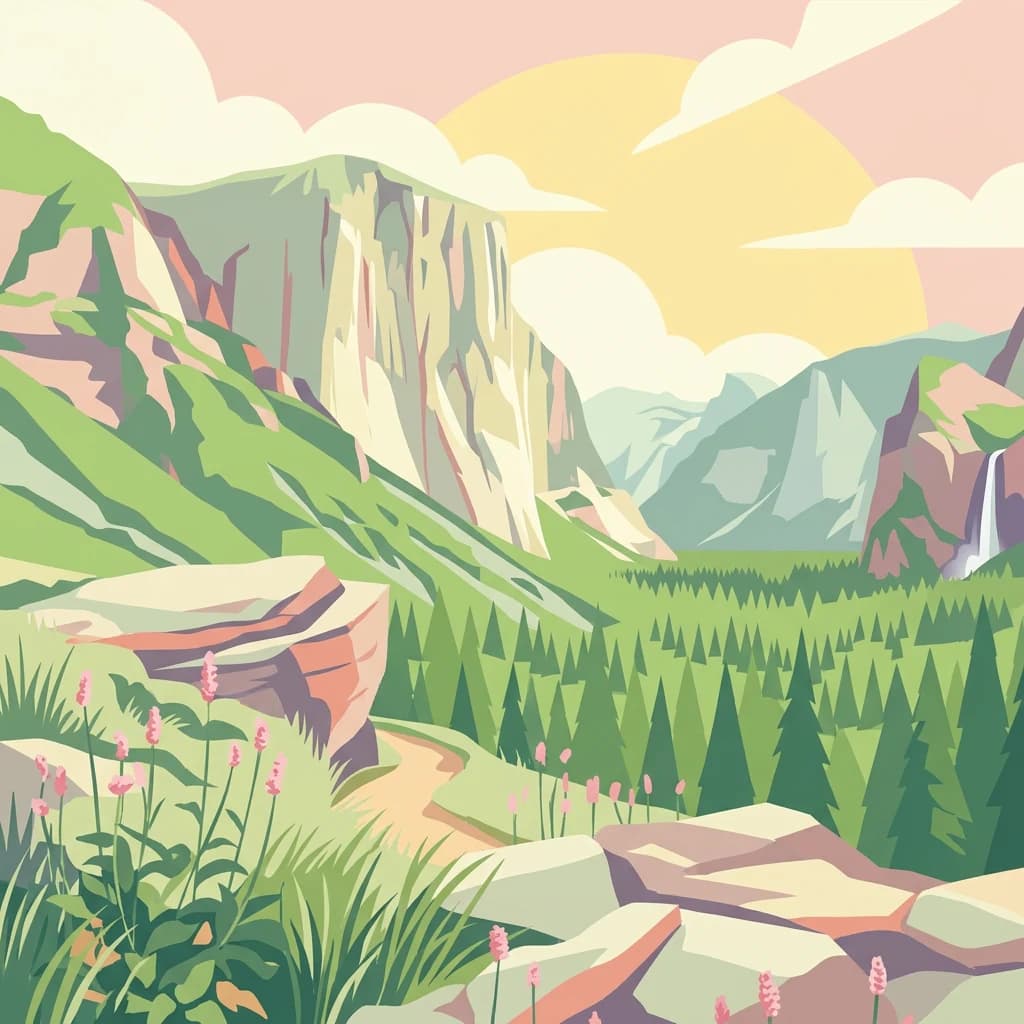 Illustration of a mountain landscape with cliffs, green valleys, a river, and a waterfall