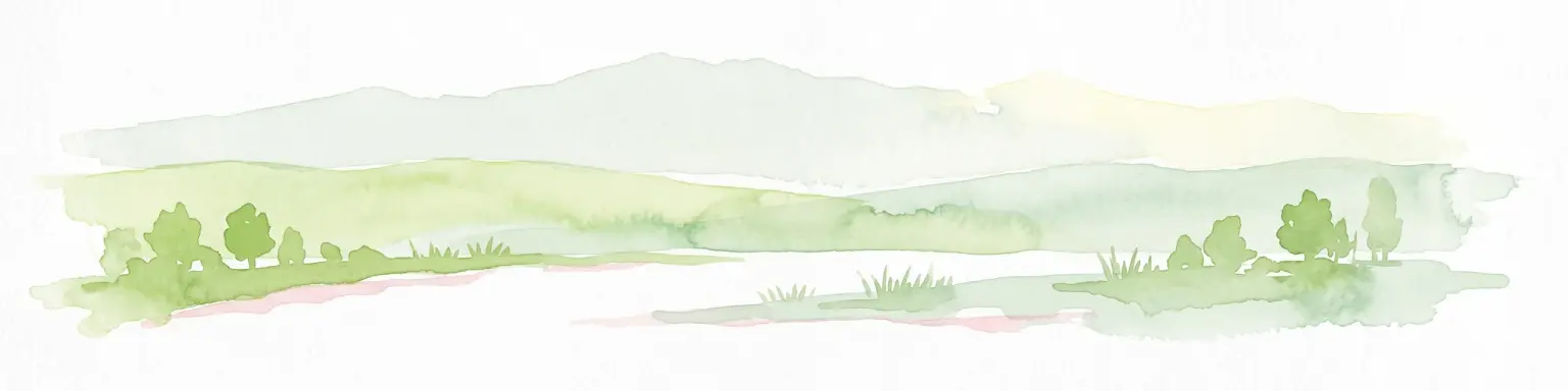 Watercolor painting of a green, rolling mountain range and hills set against a white background.