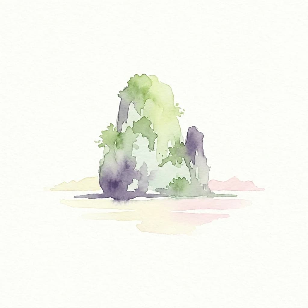 Watercolor painting of a rocky island with green vegetation and purple tones