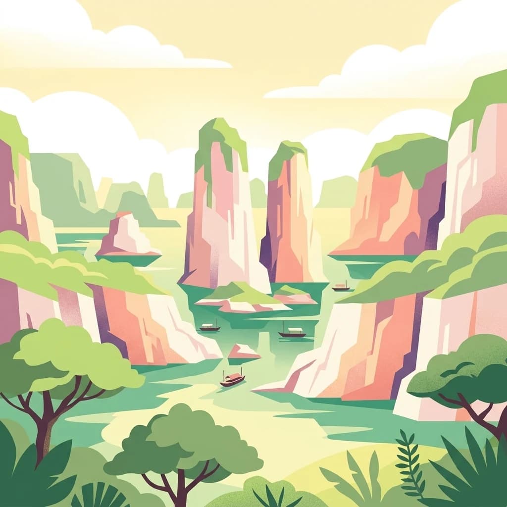 Ilustración de acantilados rocosos, agua turquesa, barcos y árboles verdes frondosos en una bahía costera