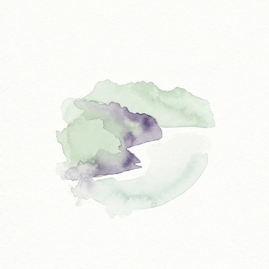 Abstract watercolor painting with green and purple brush strokes on white background