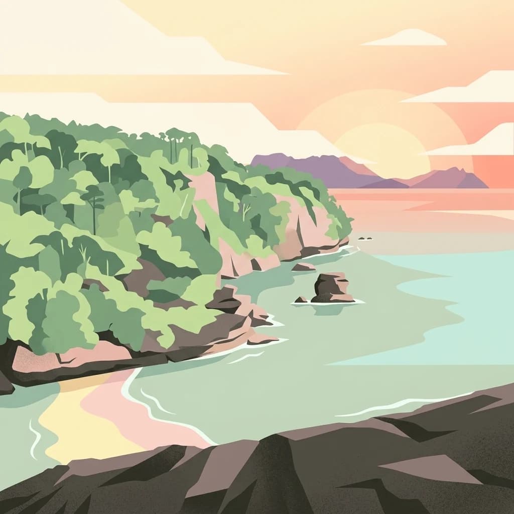 Ilustración que muestra acantilados costeros, bosque verde denso, agua turquesa y un cielo al atardecer