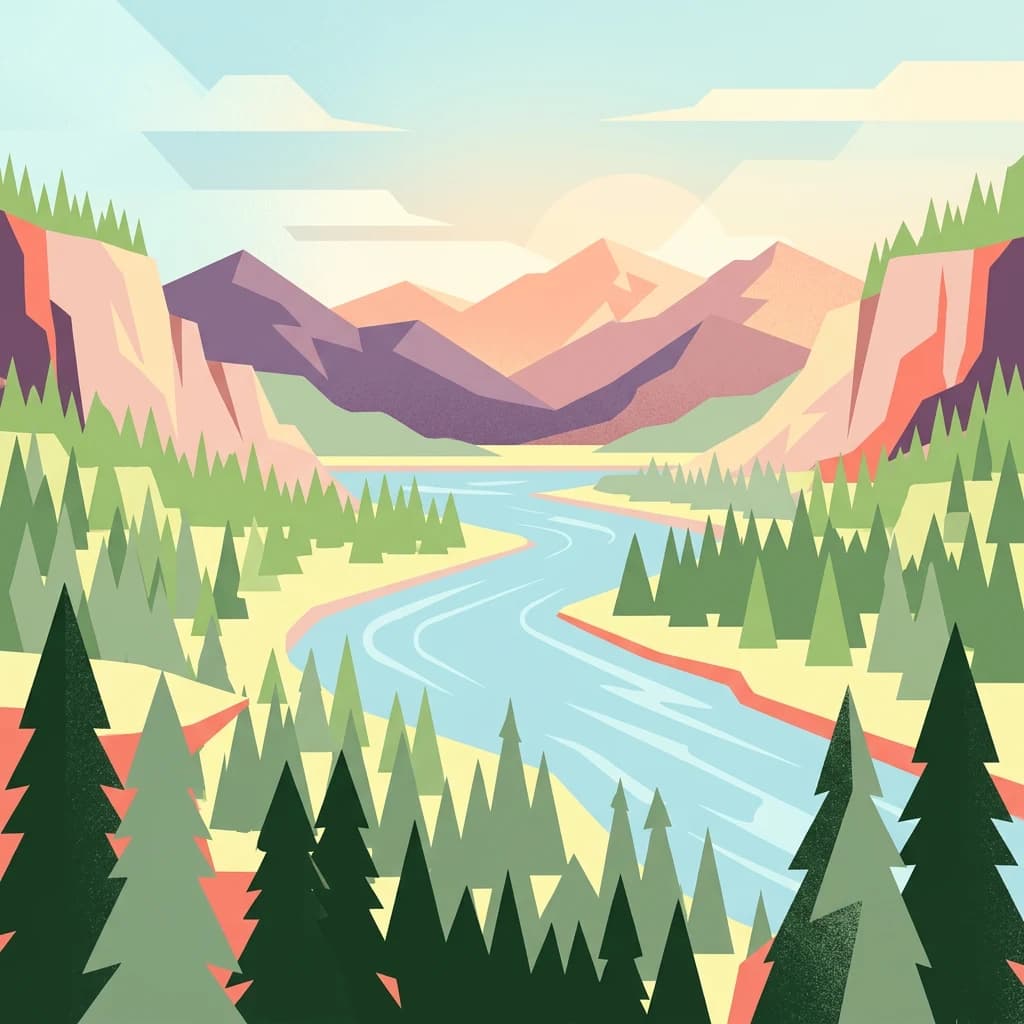 Stylized illustration of a winding river through a mountainous valley with forests and cliffs