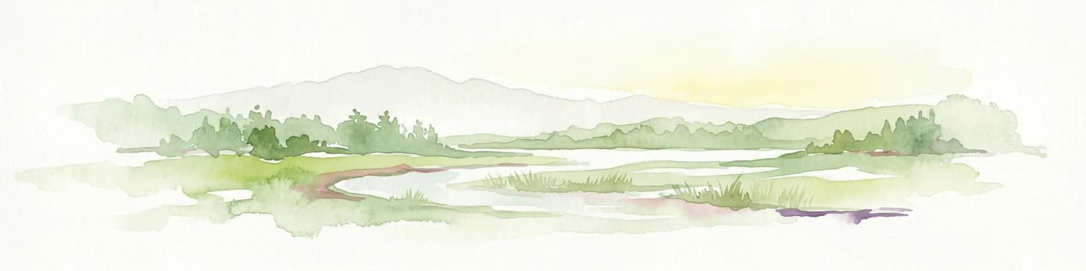 Watercolor illustration of a wetland landscape with lakes, reeds, and distant mountains under a light sky