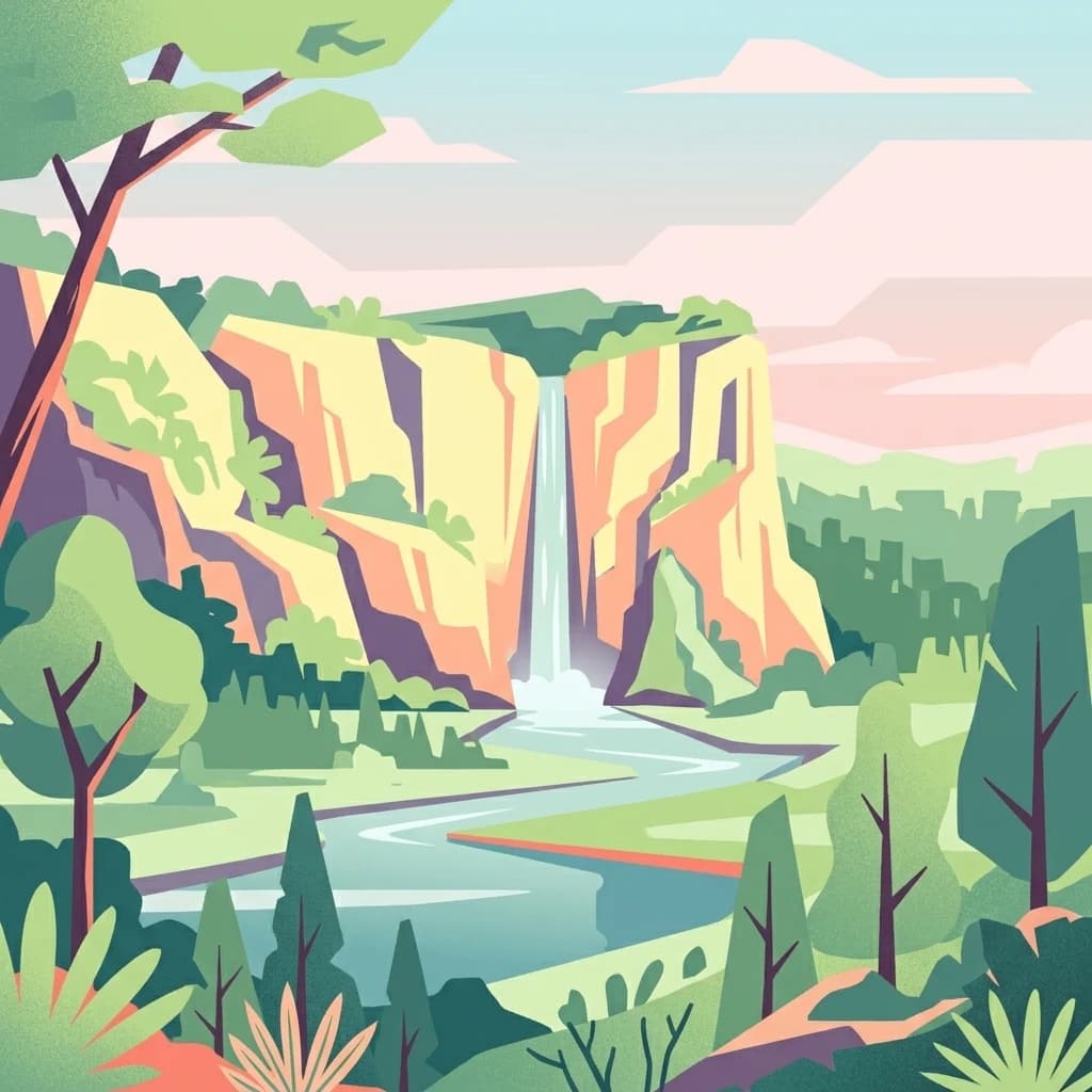 Digital illustration showing a waterfall cascading from cliffs into a river surrounded by forest