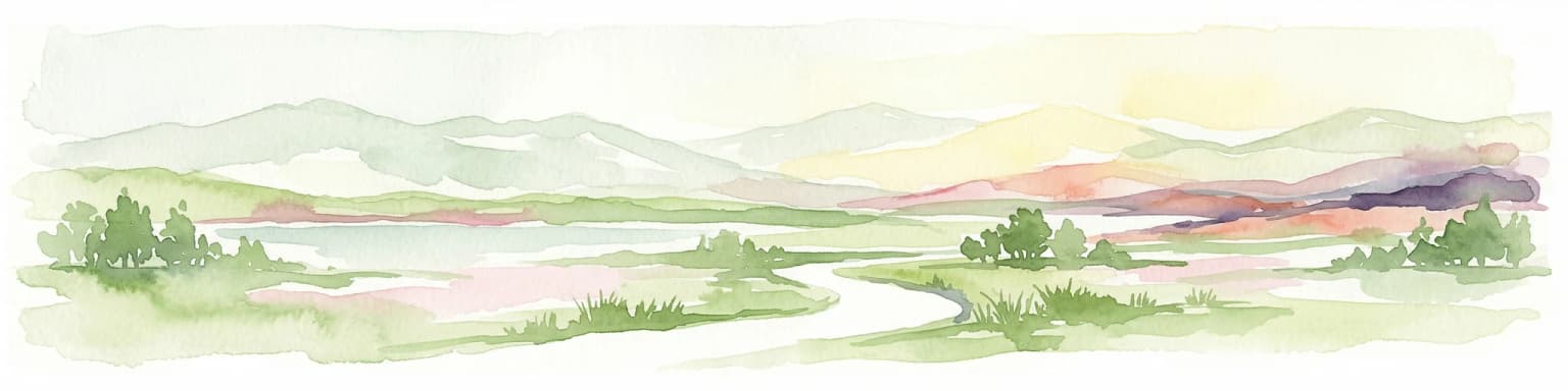 Ilustración en acuarela que muestra montañas, un río sinuoso y vegetación verde