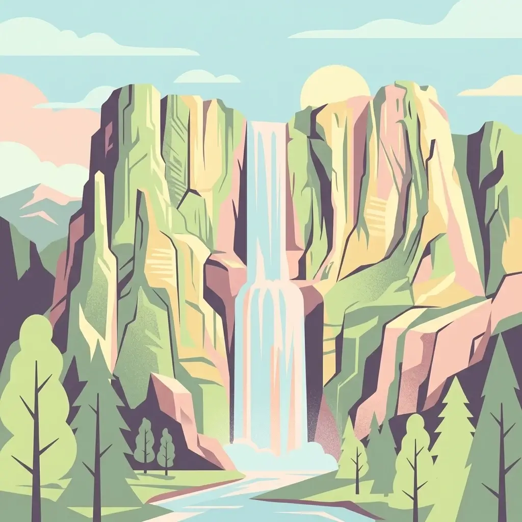 Una ilustración de diseño plano y estilizado de una cascada que cae entre dos acantilados escarpados y coloridos, rodeados de árboles coníferos.