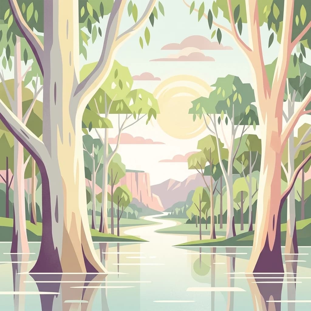 Illustration showing a river flowing through a forest with tall trees and reflections in the water, hills in the background