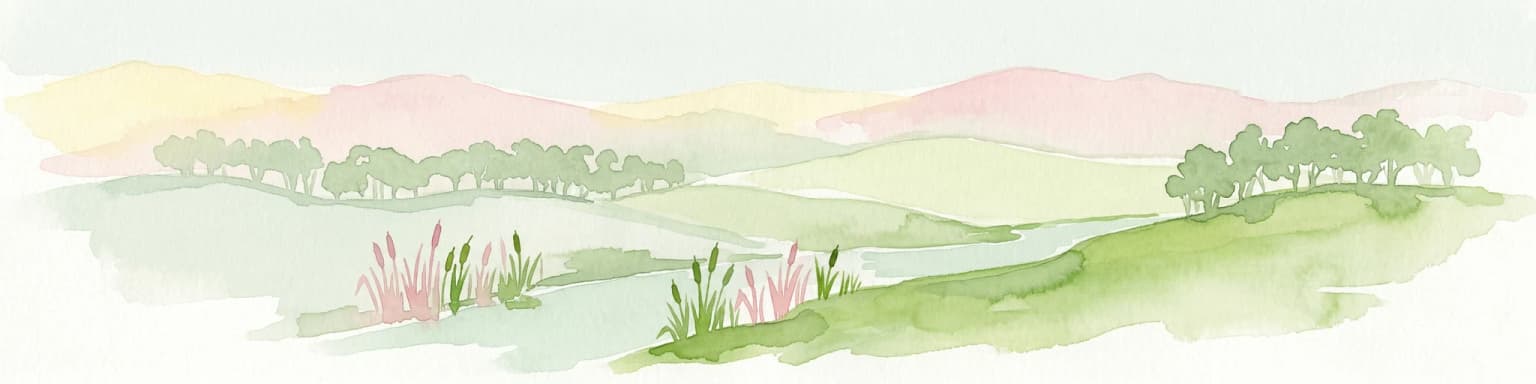 Watercolor illustration of a river landscape with green hills, trees, and pink reeds
