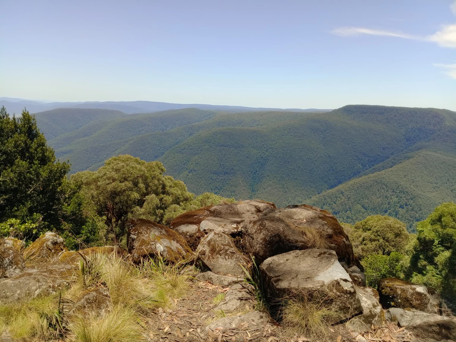 Rocky outcrops with patches of grass and trees in the foreground, overlooking a vast mountainous landscape with forested hills under a clear blue sky