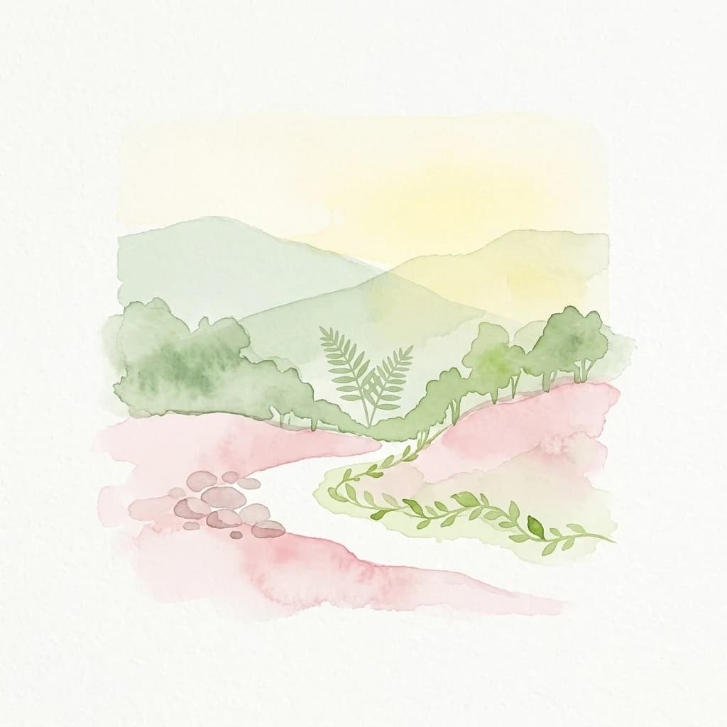 Watercolor illustration showing rolling hills, trees, and a winding path with rocks