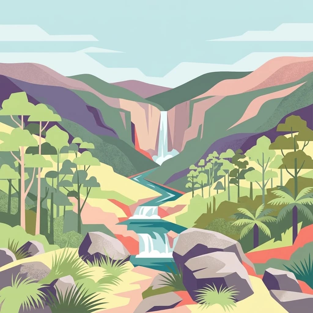 Illustrated view of a waterfall cascading through rocky terrain with forested mountains and a river