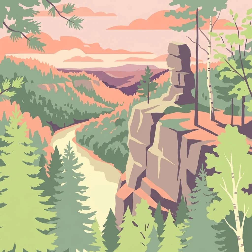 Illustration of a river valley with rocky cliffs and forested hills under a pink and orange sky.