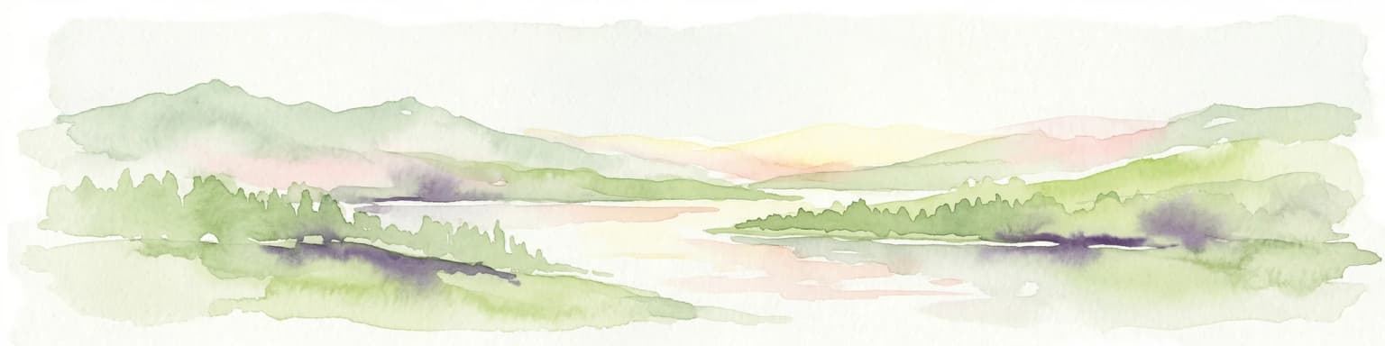 Watercolor painting showing a scenic landscape with mountains, a river, and trees