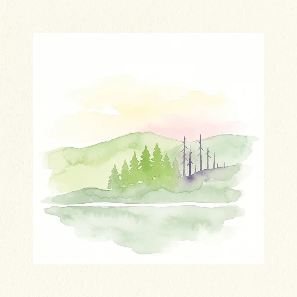 Pintura de acuarela de colinas onduladas, un bosque y un lago reflectante bajo un cielo suave