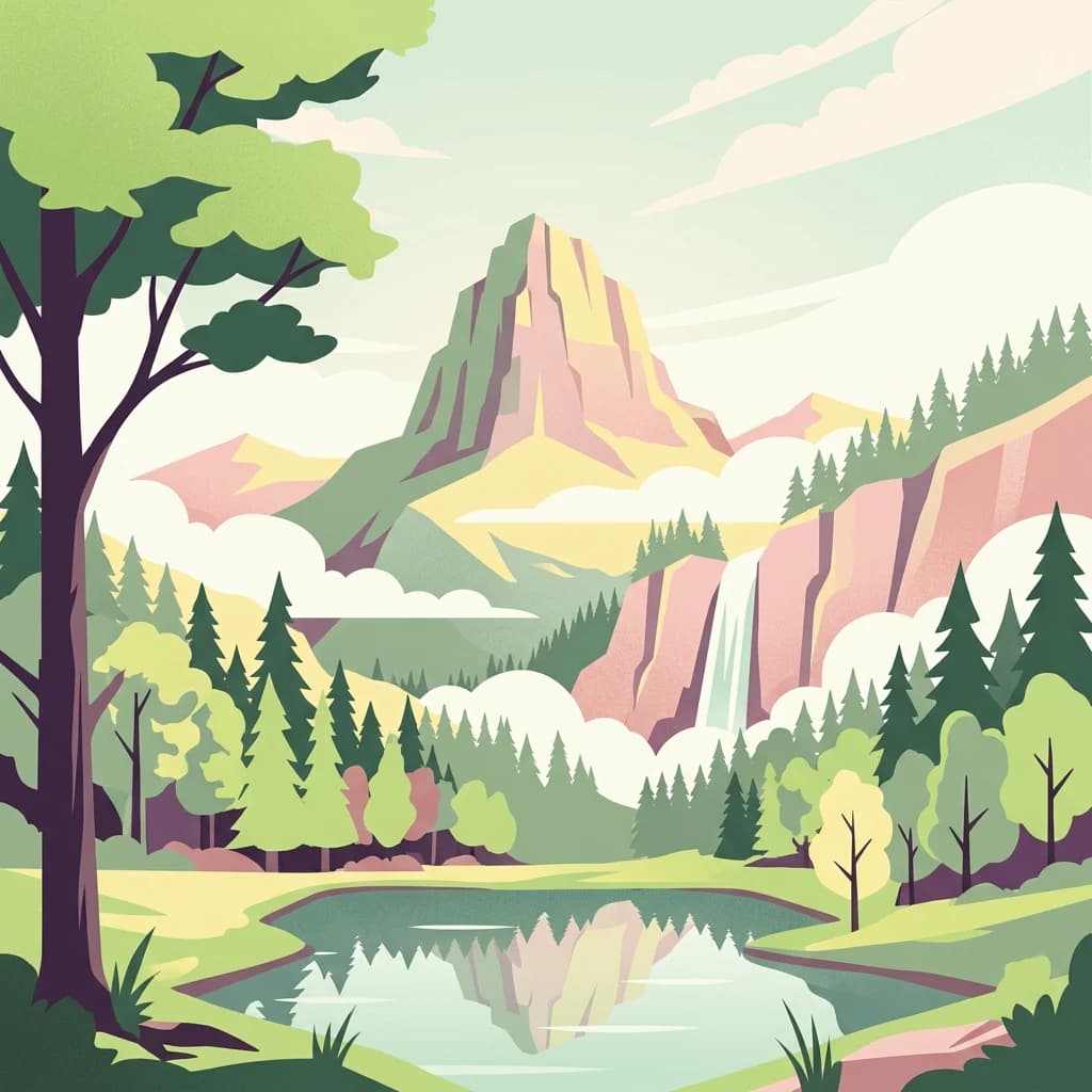 Illustration showing a mountain peak with waterfall, lake, and forest landscape