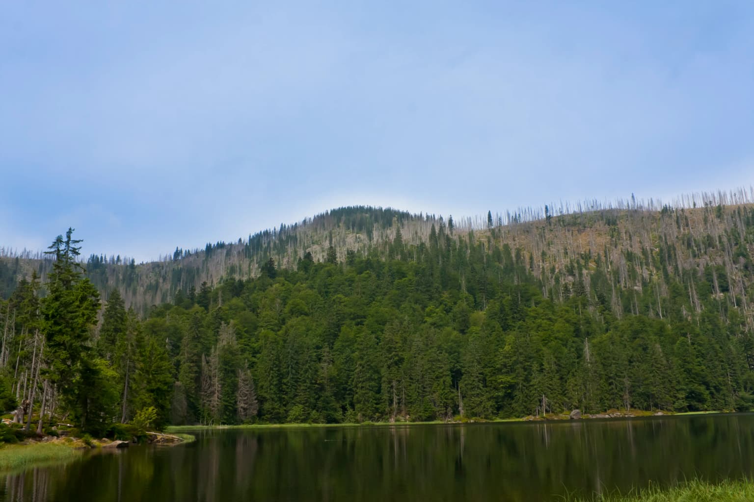 A calm lake surrounded by dense forest with a mountain ridge under a partly cloudy sky