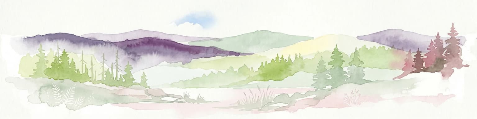 Watercolor painting showing mountains, forests, and valleys in a landscape.