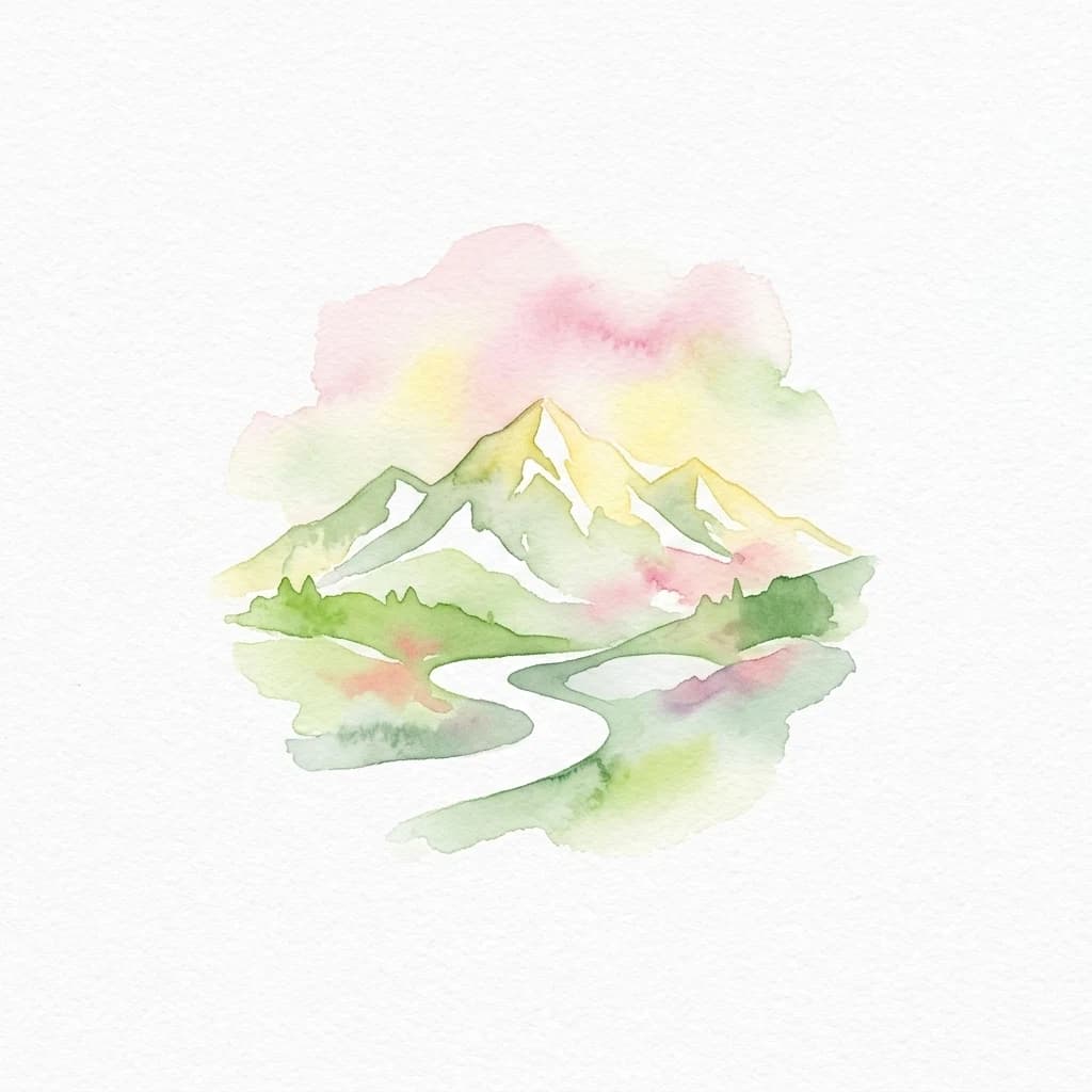 Pintura de acuarela de un pico de montaña con nieve, valles verdes, un río y nubes pastel