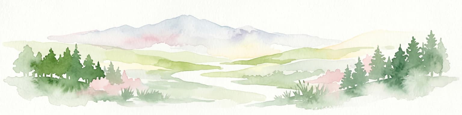 Ilustración de acuarela que muestra un paisaje con árboles verdes, un río sinuoso y montañas distantes bajo un cielo claro
