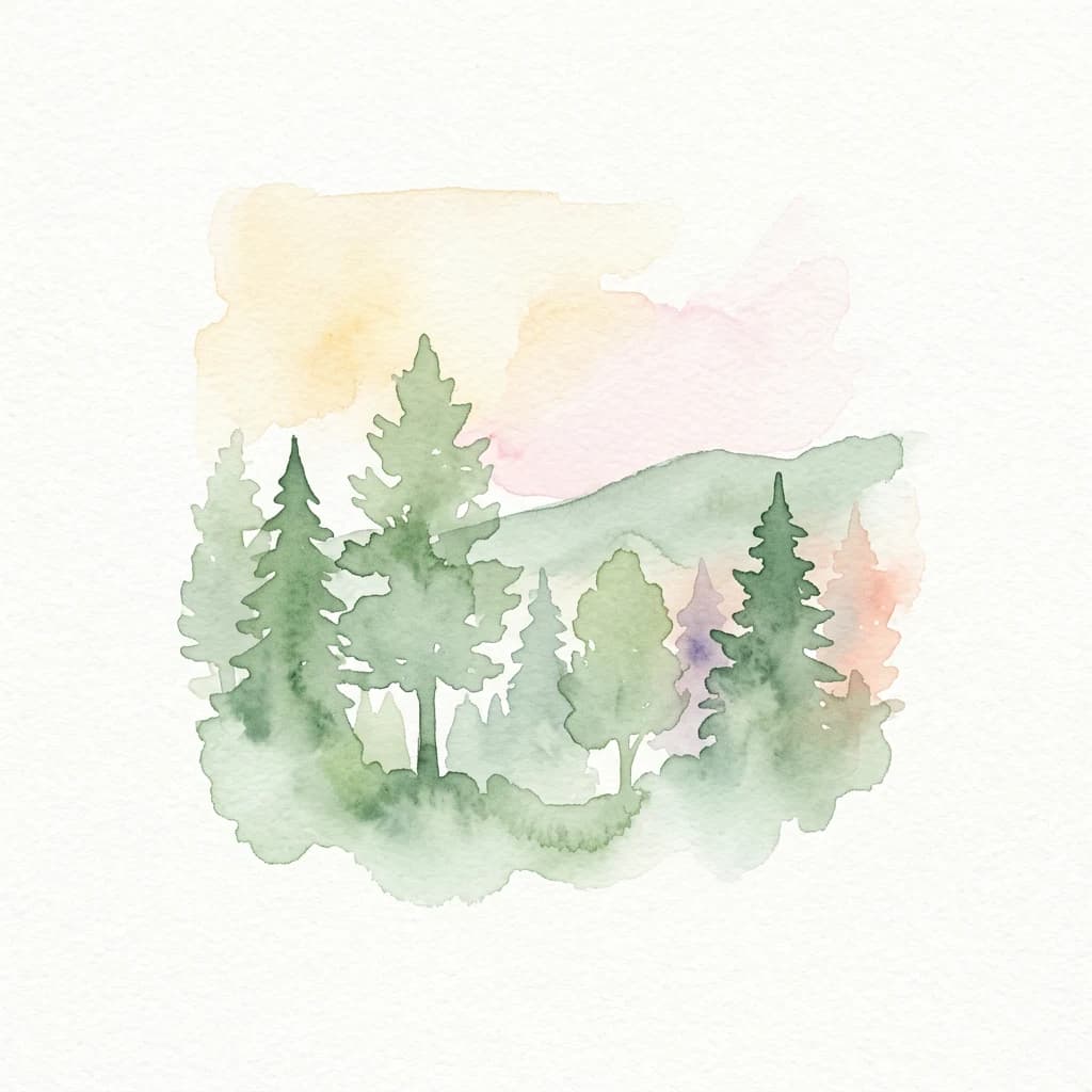 Watercolor painting of tall green trees and a gentle pastel sky with distant hills
