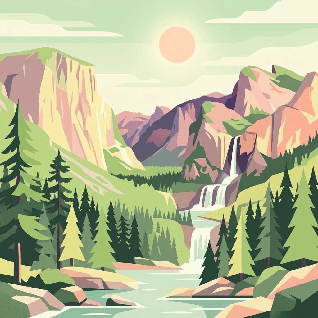 Stylized illustration showing a forested valley with mountains, a waterfall, and a river under a sunlit sky