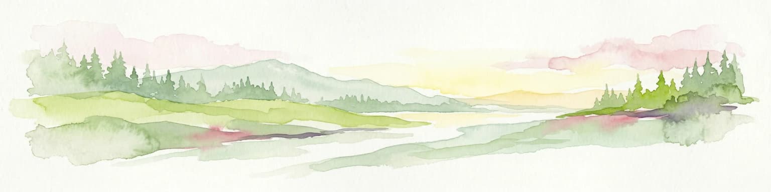 Watercolor painting showing a river flowing through a forested landscape with green hills, distant mountains, and a pink and yellow sky