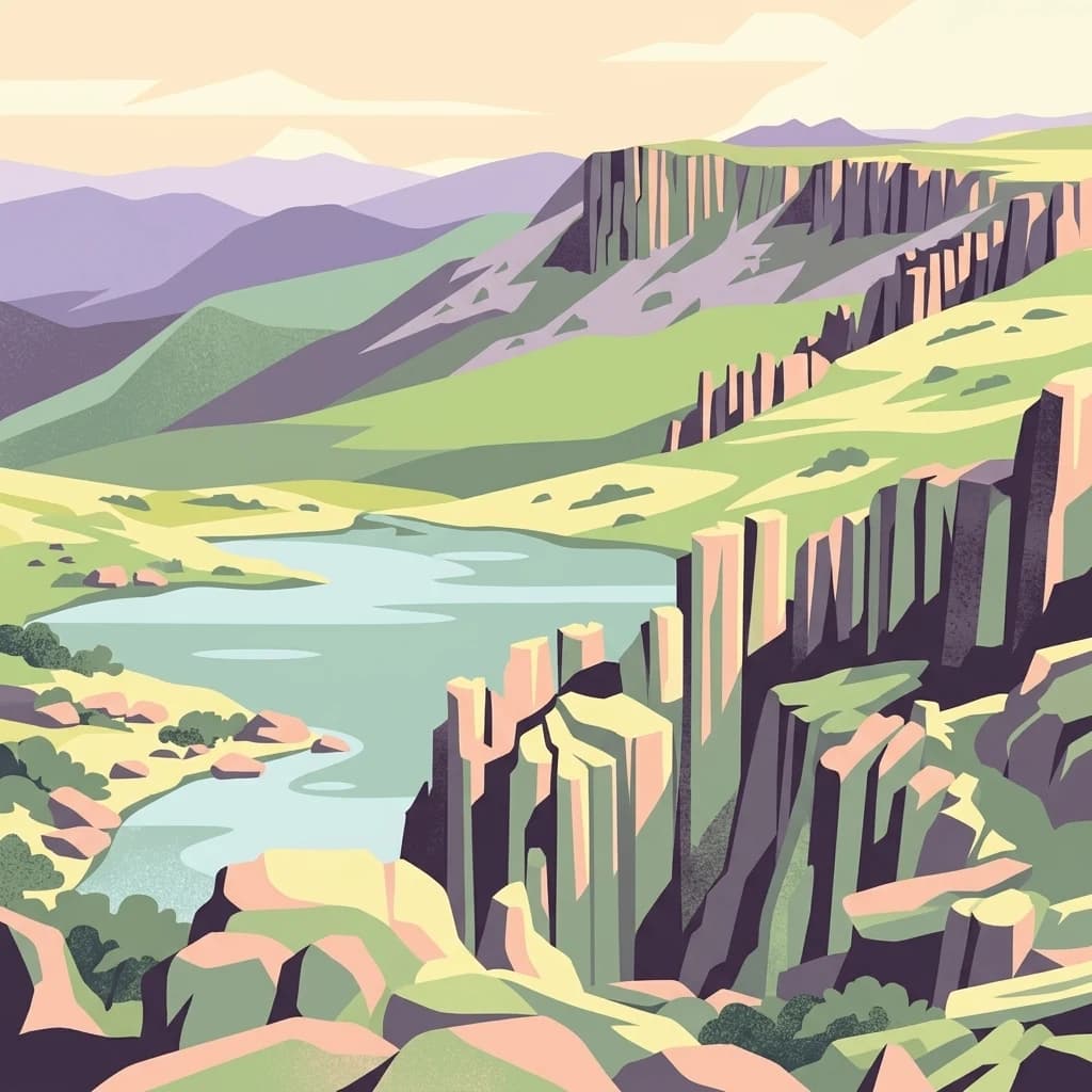 Ilustración estilizada de un paisaje montañoso con un lago, acantilados y colinas