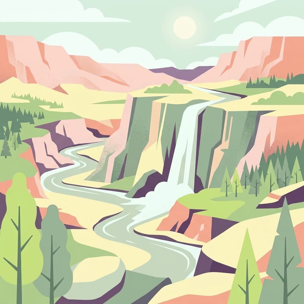 Ilustración estilizada de un río que fluye a través de un cañón con cascadas, acantilados y bosques