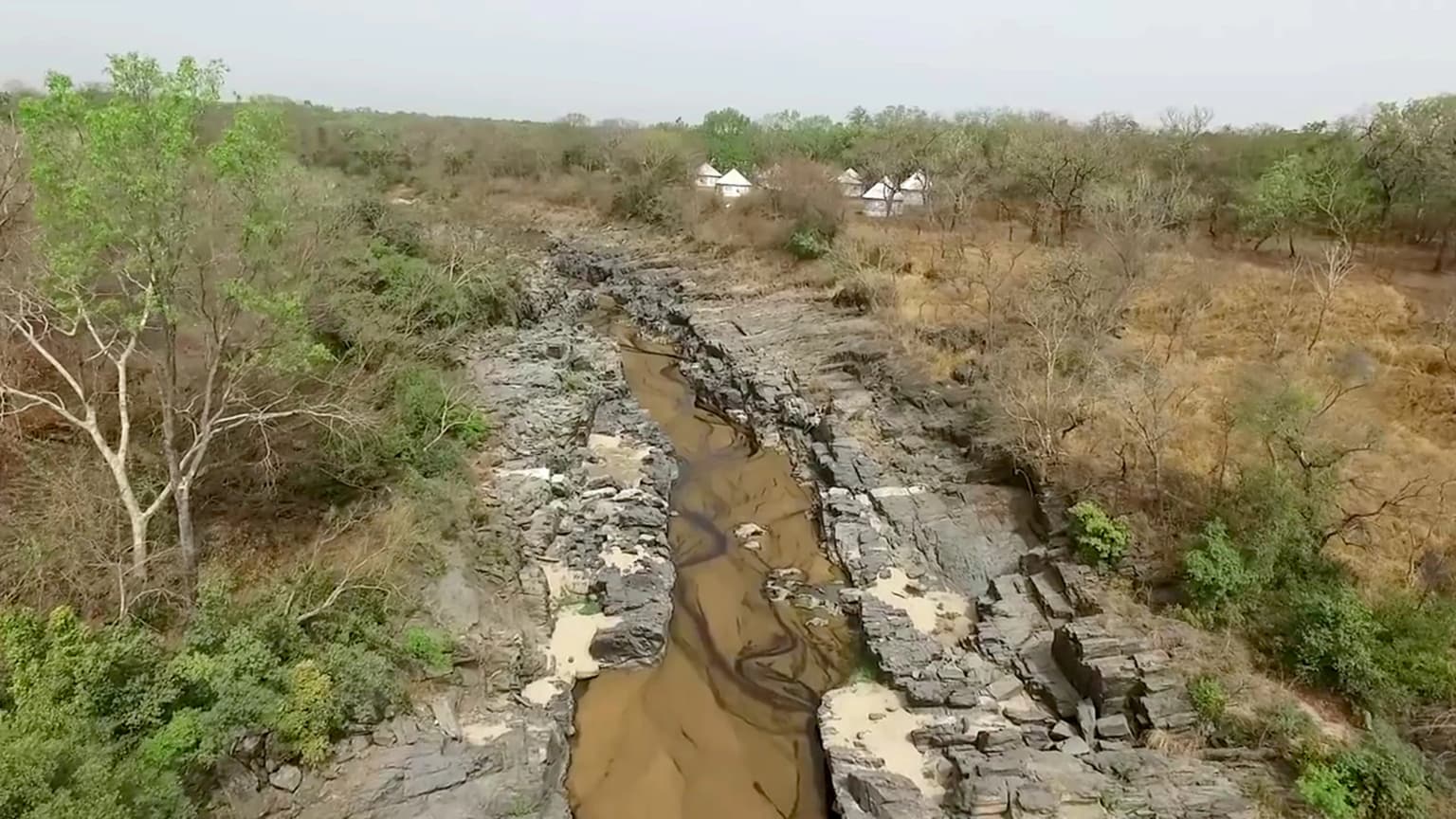 Río fluyendo a través de terreno rocoso con árboles dispersos al fondo