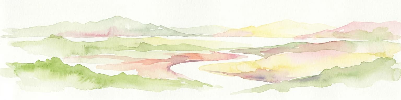 Ilustración de acuarela de un paisaje con colinas onduladas, un río sinuoso y terreno variado en colores suaves