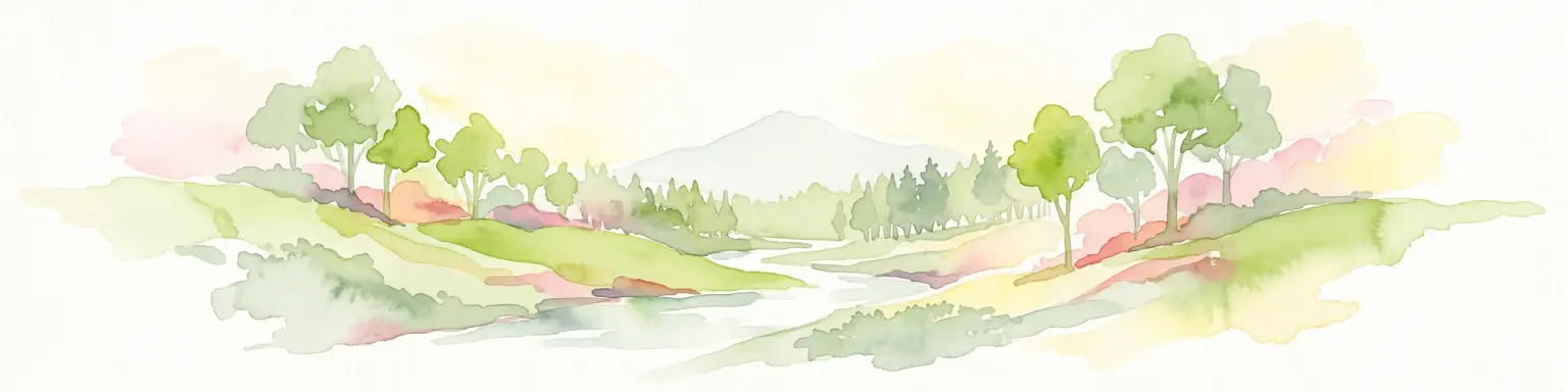 Una ilustración suave en acuarela de un río que fluye a través de un valle cubierto de hierba con árboles dispersos y colinas onduladas a lo lejos sobre un fondo blanco.