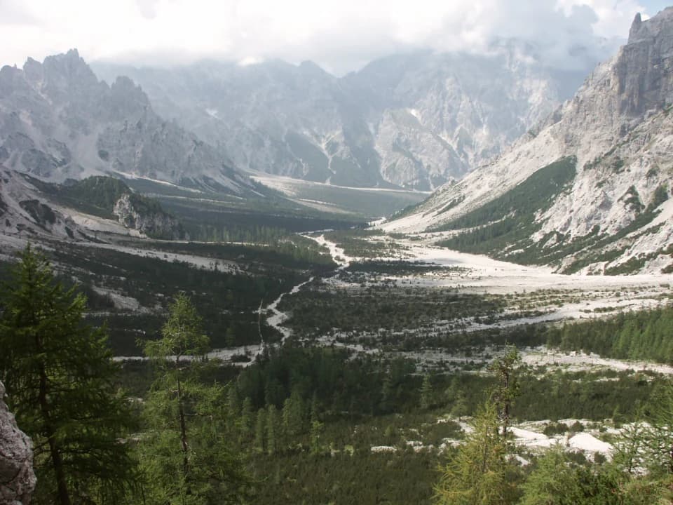 Wide landscape view of a mountain valley with a winding river, rocky mountains in the background, and dense forests in the foreground