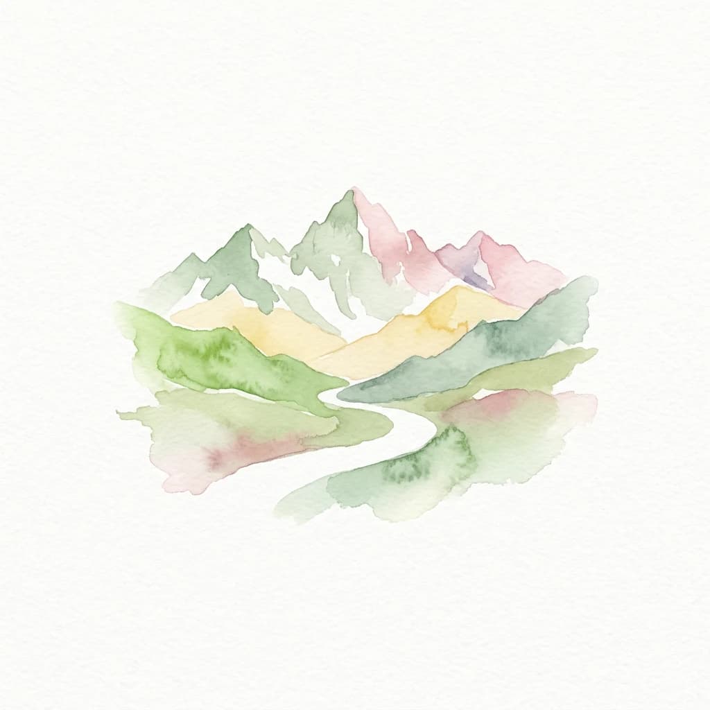 Watercolor illustration of mountain peaks, valleys, and a winding river