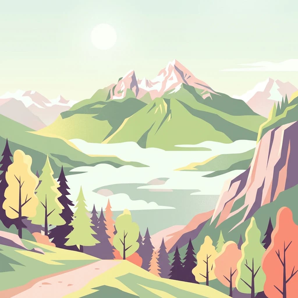 Stylized illustration of a mountainous landscape with green and autumn-colored trees, a winding path, and a lake surrounded by mountains