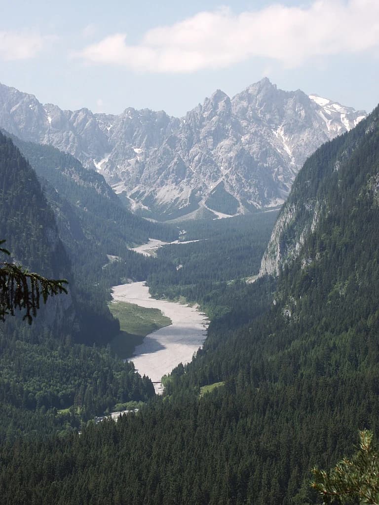 Mountain valley landscape with river winding through dense forested slopes and rocky peaks under partly cloudy sky