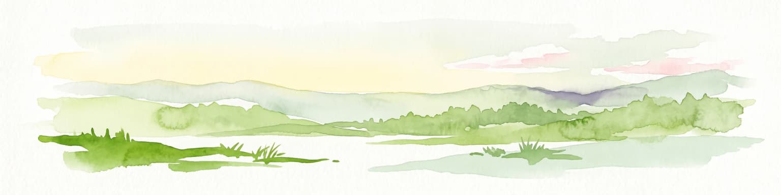 A wide watercolor painting depicting a green landscape with rolling hills, scattered trees, and a pale sky.