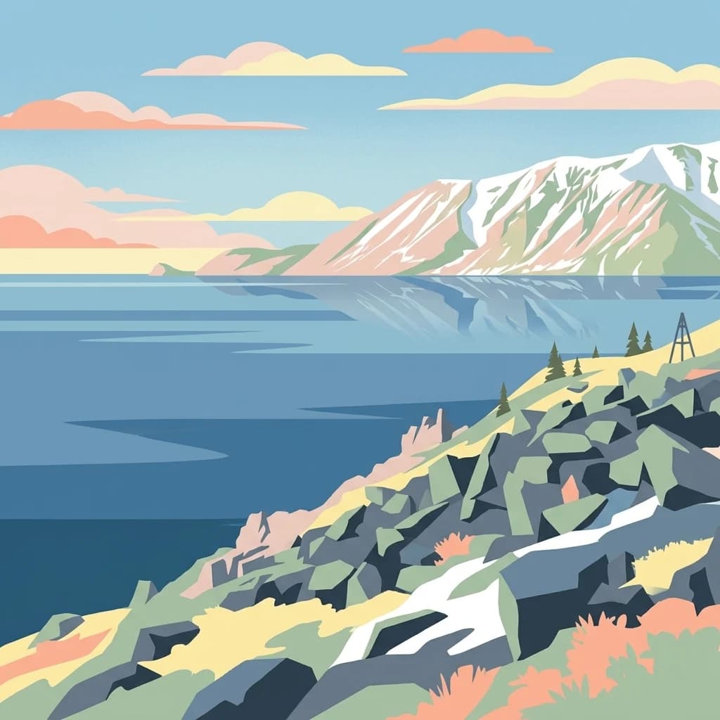Stylized illustration of a mountainous coastline with rocky shore, calm water, and snow-capped peaks under a sky with clouds