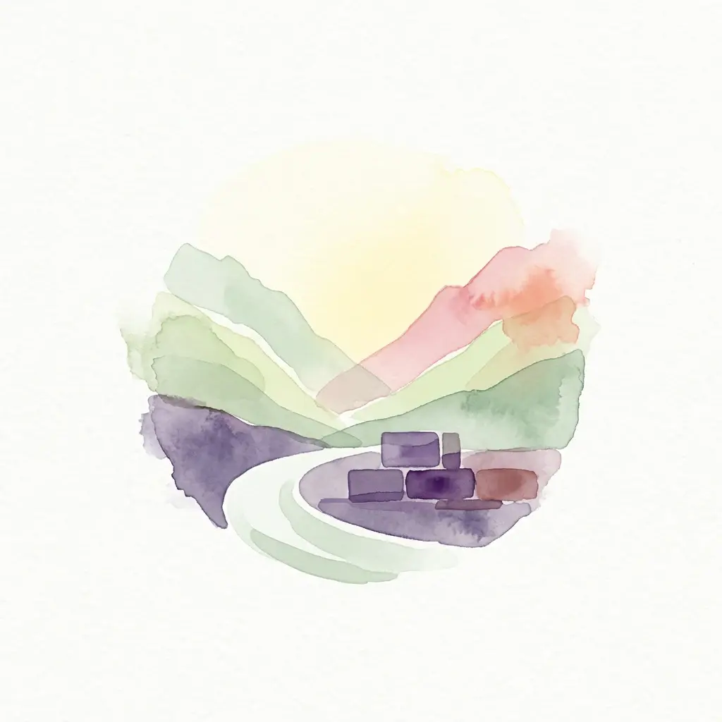 Watercolor illustration showing mountain peaks, winding path, and small structures against a light background