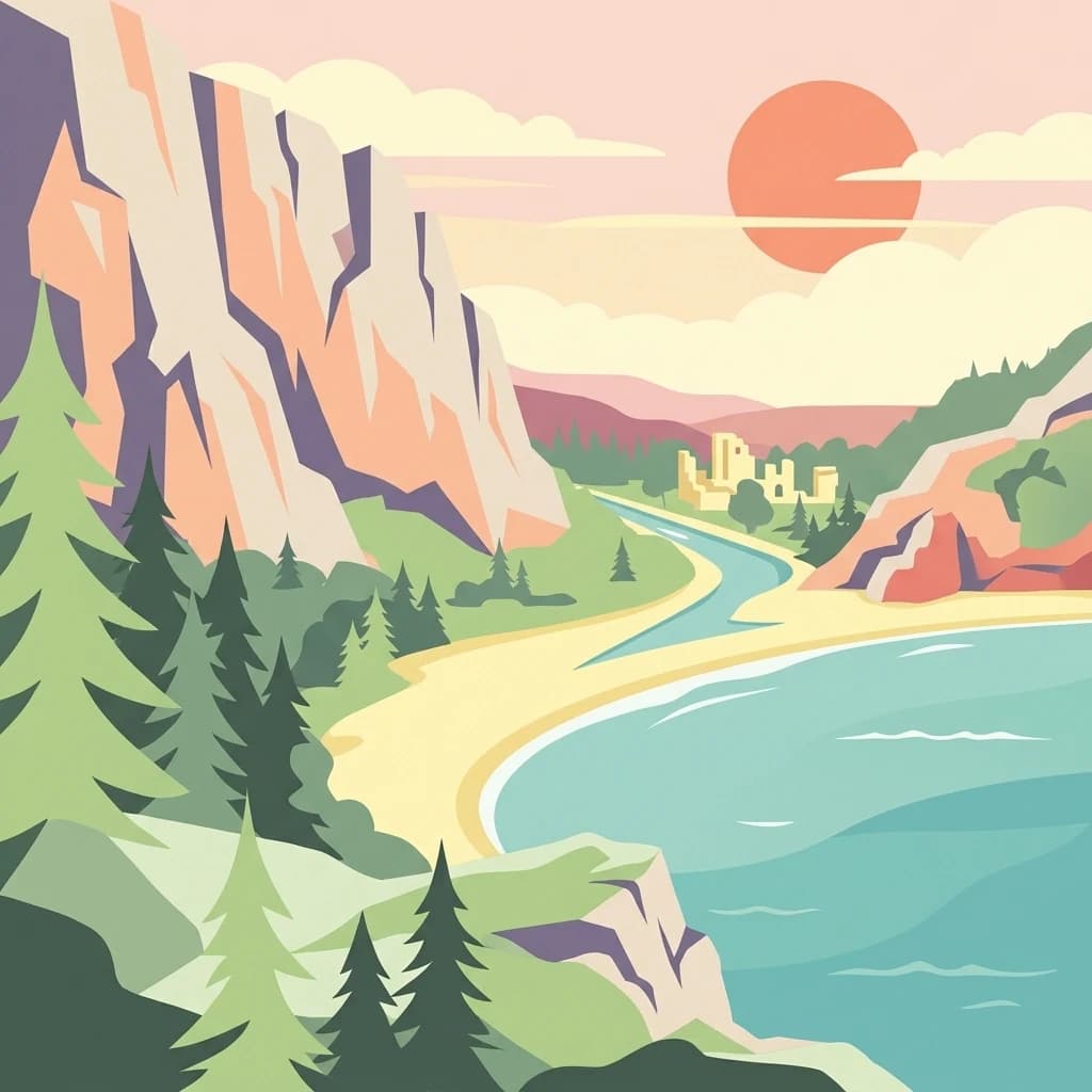 Stylized illustration of a coastal landscape with rocky cliffs, pine trees, a winding river, sandy beach, and a setting sun over the sea