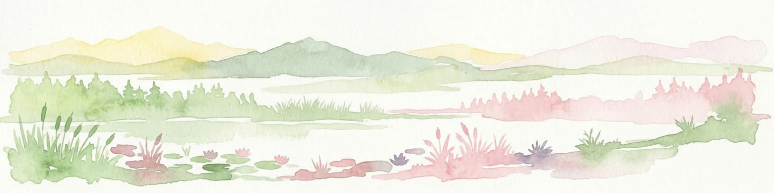 Watercolor illustration of a coastal landscape with mountains, water lilies, reeds, and a body of water under a pale sky
