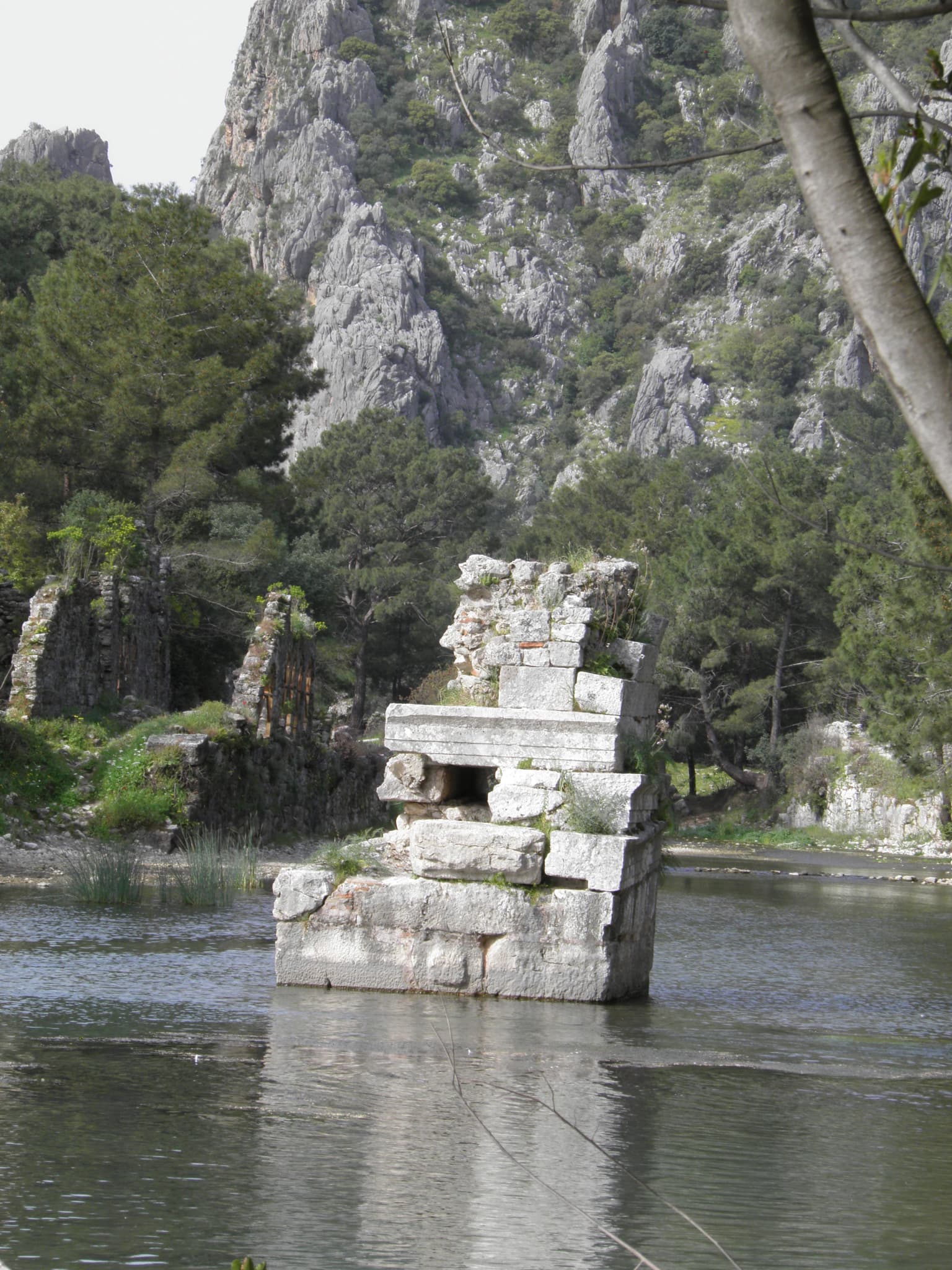 Stone ruins in water with forested mountains and trees