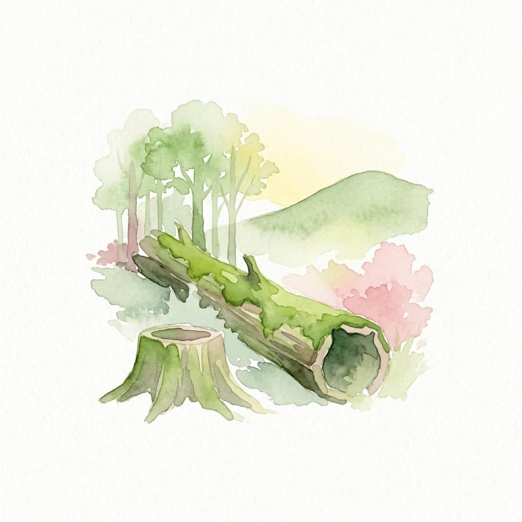 Watercolor painting of a moss-covered fallen tree trunk, a tree stump, and forest trees with hills in the background