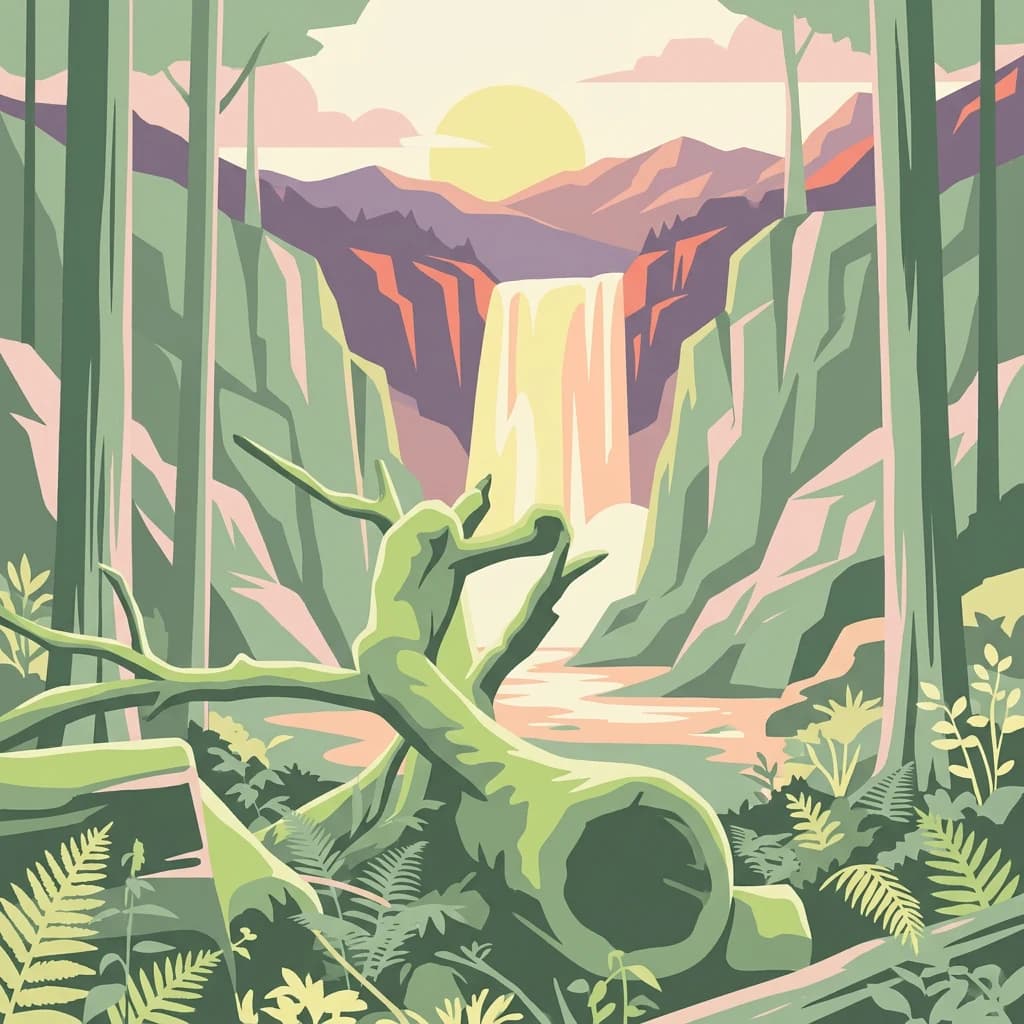 Stylized illustration of a forested landscape with a waterfall, fallen tree, ferns, and mountains under a sunset sky