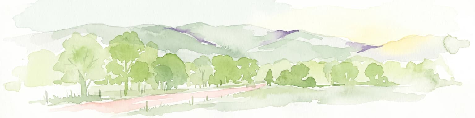 Ilustración en acuarela que muestra un paisaje con árboles verdes, colinas onduladas y un sendero