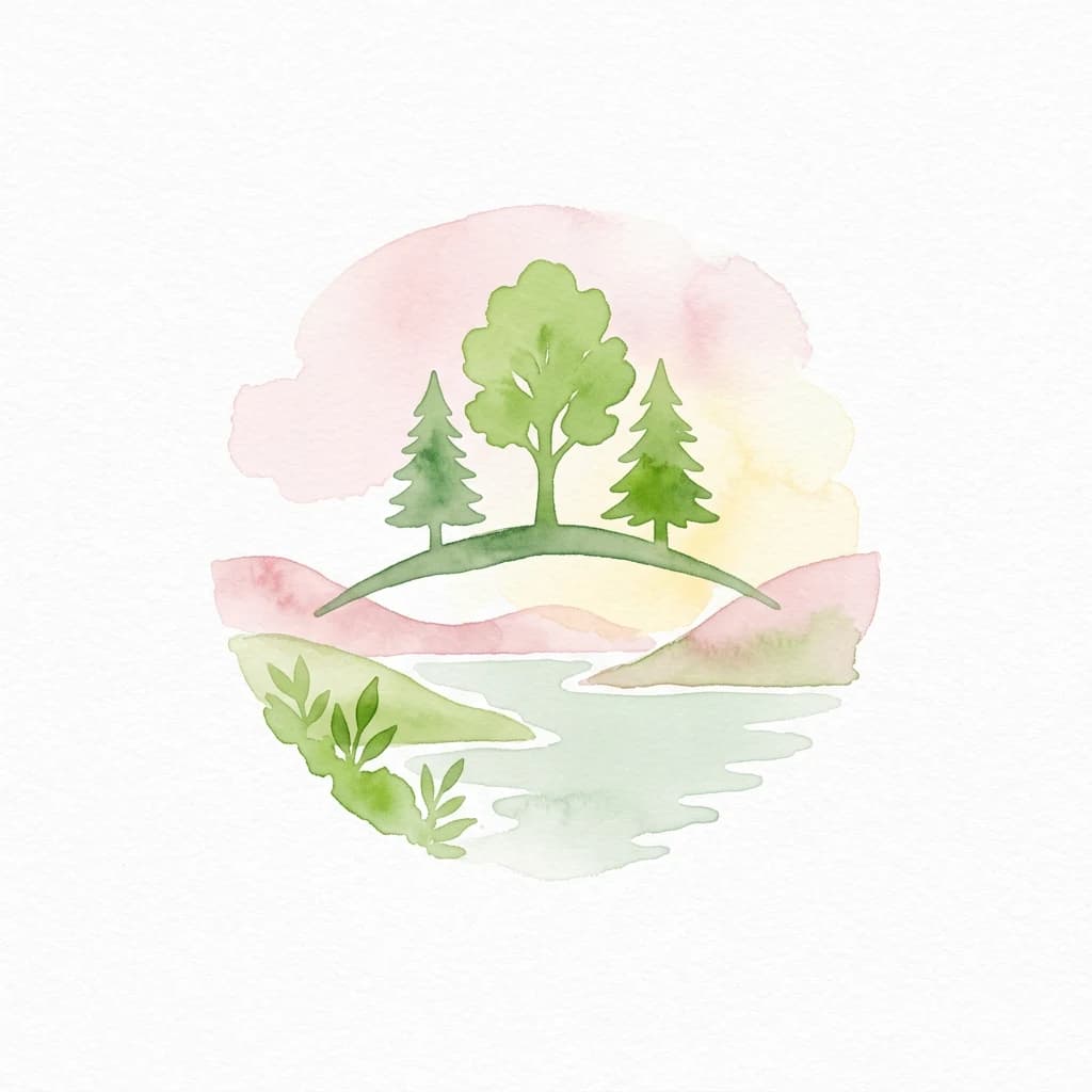 Ilustración en acuarela que muestra tres árboles en una colina con una masa de agua y vegetación debajo