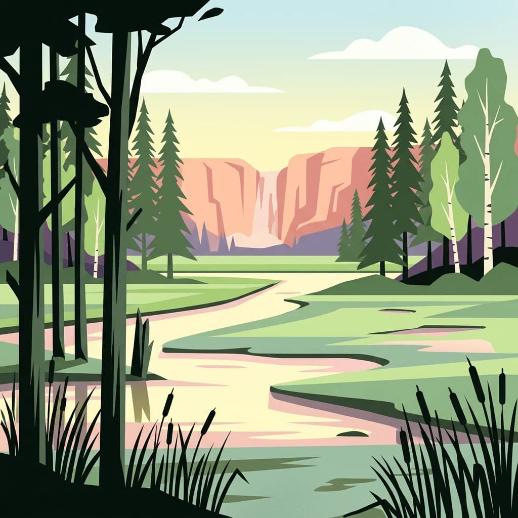 Stylized illustration of a river flowing through a forested landscape with a canyon in the background.