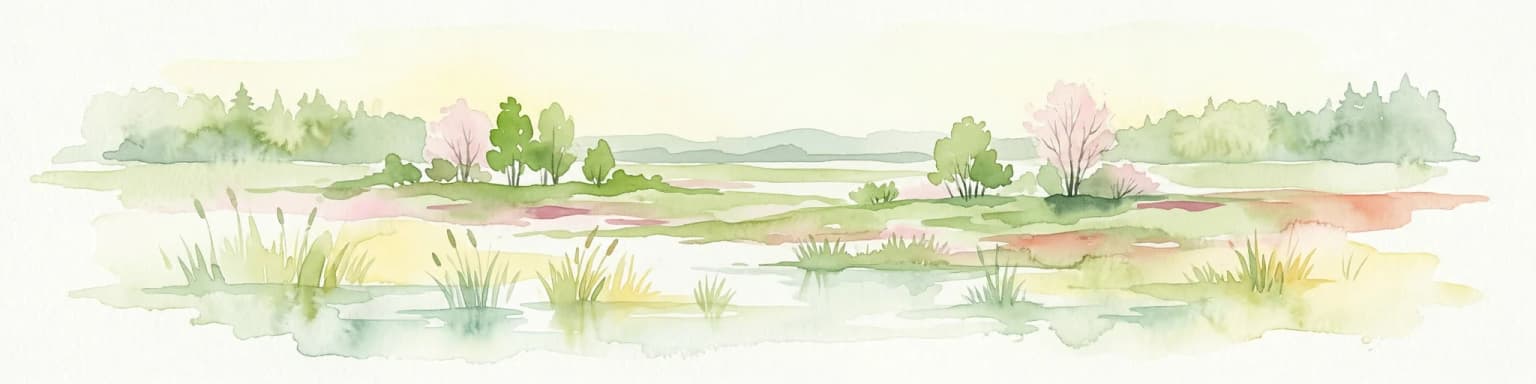 Watercolor painting showing a wetland scene with reeds, patches of water, and trees under a light sky