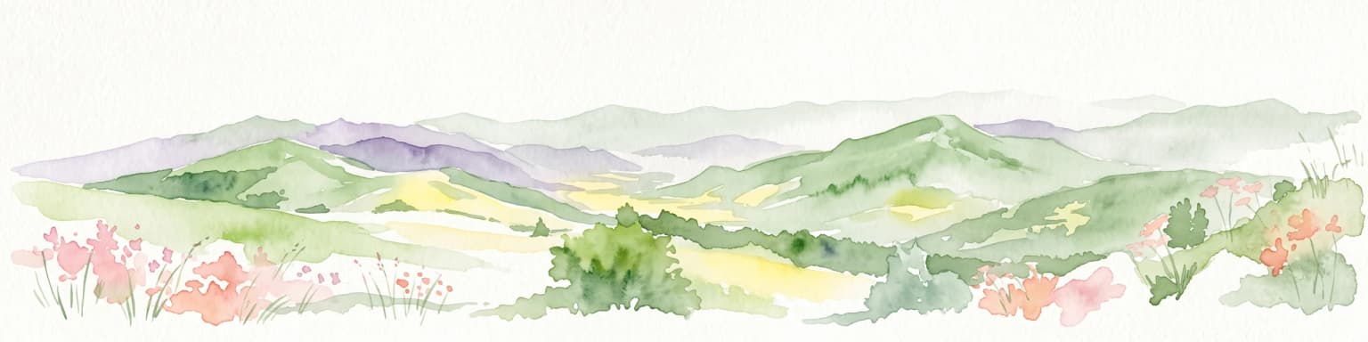 A horizontal watercolor painting depicting a soft, layered landscape of green rolling hills and mountain ridges under a bright, clear sky.